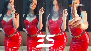 Smoking a Marlboro red in a total red pvc outfit