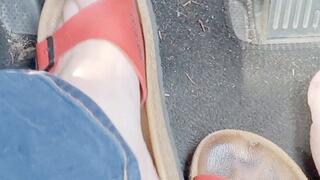 Miss M barefoot pedal pushing driving