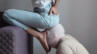 Scissors in street jeans (domination ,scissors, scissorhold , worship)