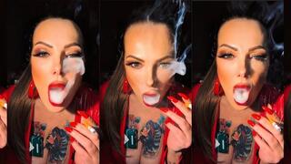 OMI'S - Yellow Fingers, Ponytail and PVC Vinyl - Close-up - Audible Inhales and Exhales - Marlboro Menthol 100