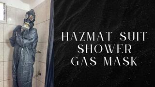 black hazmat suit, gas mask in shower