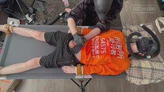 Gas mask boy strapped down and edged