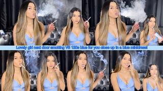 Lovely girl next door smoking VS 120s blue for you close up in a blue minidress!