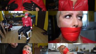 Big busy blonde milf in leather bondage - Chair tied and tape gagged