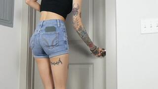 Desperate Locked Door in Shorts and Heels