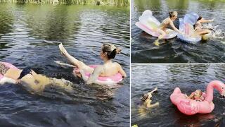 Chloe and Nastya pop each other's inflatables and panic