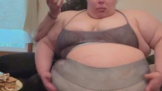 obedient FEEDEE PIG sits there while FEEDER shoves S’MORES in her face — SSBBW Marigold — feedism feederism stuffing hand feeding messy eating binge