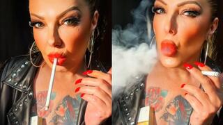Custom - Only mouth exhales, mouth inhales, eye contact, ponytail, leather jacket - Audible inhales and exhales - Virginia Slims 120