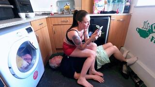 Jennifer Sits On Her Slave On The Kitchen Floor