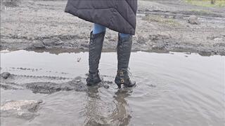 Mud-Drenched Domination - Getting my Knee High Boots Muddy and Cleaning Instructions for Boot Licker