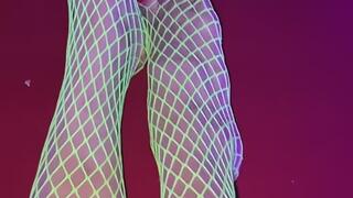 Melove sexy small feet in red nail polish wearing neon green fishnet on the pool table