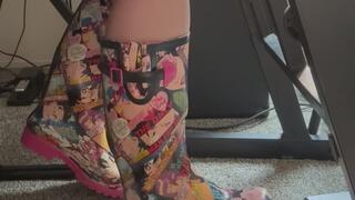 Energetic Comic Book Rain Boots Stomping And Pumping Piano Pedal With Leg Shaking