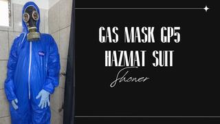 new blue hazmat suit and gas mask