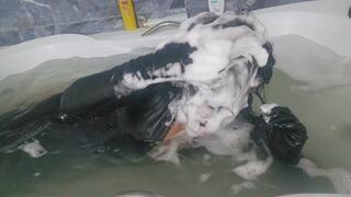 Hair washing wearing latex gloves