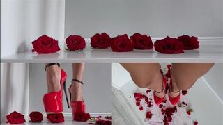Girl crushes flowers with shoes (high heels)