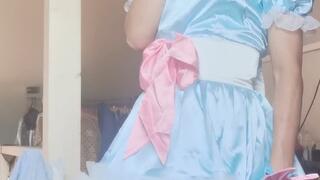 Smoking wearing new blue sissy dress