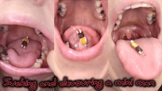 Giantess ,licks, enjoys and devours a mini man