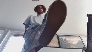 Giant master stomps you with shoes, socks, and barefeet!