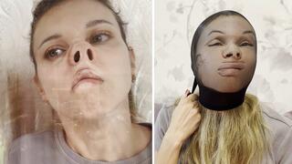 Milana plays with her nose and makes pig nose