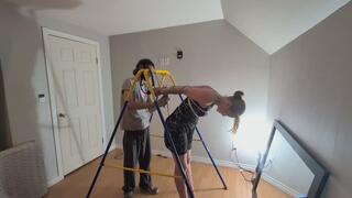 Crotch rope strappado for the girl from the bar