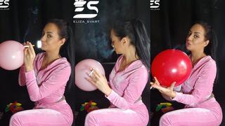 Filling balloons with smoke breath in a velour tracksuit