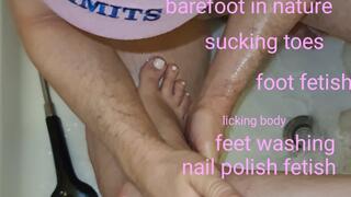 Barefoot nail polish in nature, foot worship and foot smother with trampling, feet oil massage and washing the feet, sucking toes and licking body erotic and sensual with Mistress GospodaricaEmma and Her Alpha Wolfy01