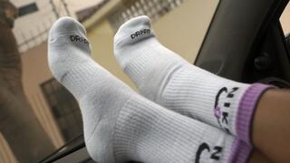 Catalina warm sport socks teasing at car!