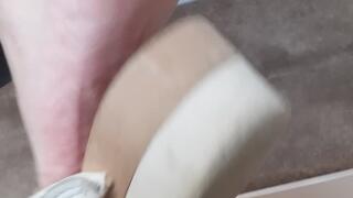 Mature nurse scholl wooden clogs feet soles tickled at work