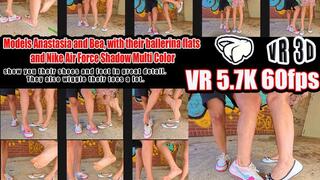 VR 3D 5,7K 180 60 fps | Models Anastasia and Bea Toe Wiggling, with their ballerina flats and Nike Air Shadow Multi Color, show you their shoes and feet in great detail. They also wiggle their toes a lot.