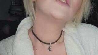 Smoking in my blue lingerie & white towel robe