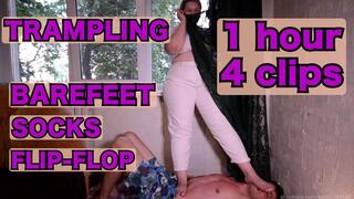 Title: Barefoot, Socks & Flip-Flops Trampling – Nearly 1 Hour, 4 Clips
