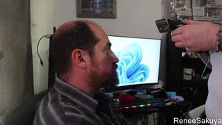 Headshaving and bead touch up, Renee Sakuya shaving his head to bald and touching up his beard 1080