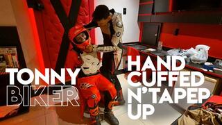 Tonny Biker Handcuffed and Taped Up by his biker friend (1080p) Gay Bondage - Gay Domination - Biker Gear - Handcuffs - Tape Bondage - BDSM