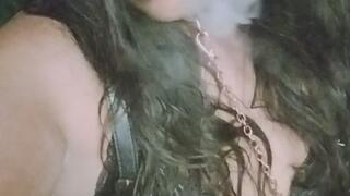 Smoking on a rainy night with goth outfit