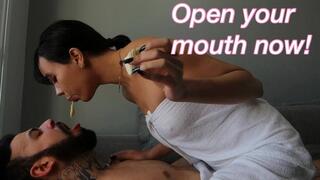 Feeding the slave with evil Sabrina - HUMILIATION - SPITTING FOOD - FOOT WORSHIP - SPIT