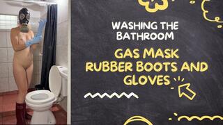 washing the bathroom in gas mask