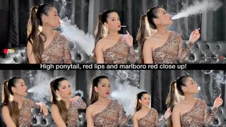 High ponytail, red lips and marlboro red close up!