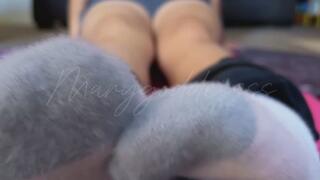 Watch and hear me workout with my soft fuzzy white crew socks with blue stripes