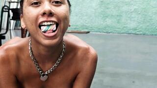 Submissive pet taken for a walk and fed snacks in the yard