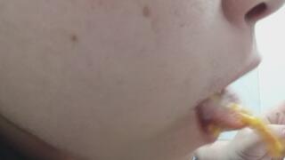 The little pig doesn't stop eating during work hours.