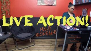 LIVE ACTION! Male Bondage - Starring: Happy Heartfella & Calisa Bliss - Calisa gets Happy transition from Voice Over to Live Action - Tied up Rope Tongue Trapper Gagged Feet Femdom Underwear