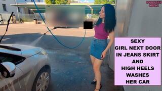SEXY GIRL NEXT DOOR IN JEANS SKIRT AND HIGH HEELS WASHES HER CAR