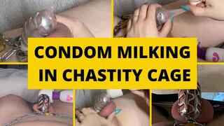 Chastity Caged Cock Milked in Condom