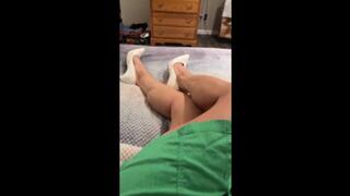 POV Green Dress On The Bed High Heels