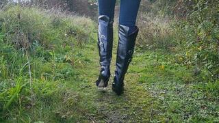 Gucinani Nail Heel Boots Walking Down a Muddy Track