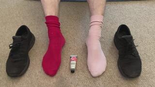 Feet Reveal after Long Walk - Socks, Shoes, Gloves and Lotion