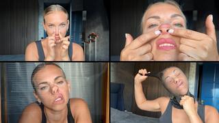 Helga plays with her nose, makes pig nose and and puts a stocking on her head