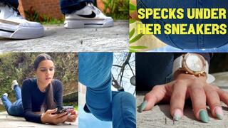 SPECKS UNDER HER SNEAKERS - Gigantic Andrea flattens and sits on Micropeople 1080