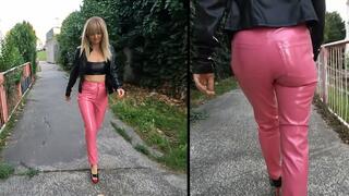 Walking in creaky pink pvc pants in public
