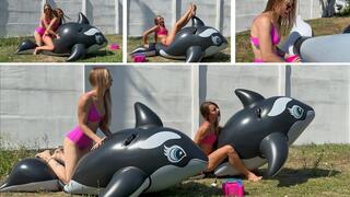 Nastya and Chloe compete to see who can stretch a whale bigger